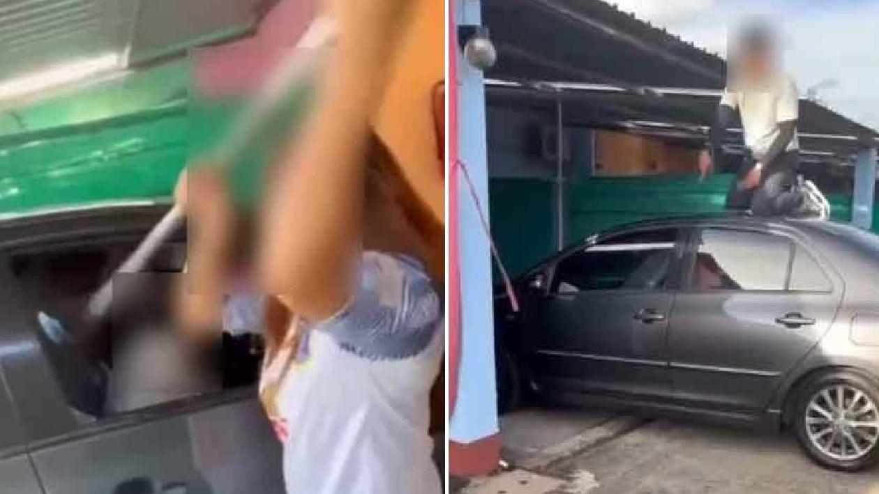 男公務員的妻子用棍棒砸爛車門玻璃(左圖)，女下屬的丈夫跳上私家車車頂(右圖)。