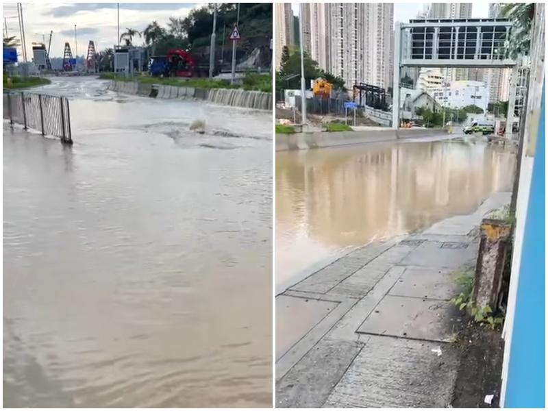 油塘茶果嶺道爆水管，往觀塘近藍田交匯處全線封閉。(香港公共交通智庫)
