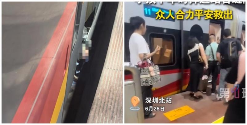 深圳北站一名女童墮入高鐵與月台之間的空隙中，受驚後嚎啕大哭，女童很快被救出，並無大礙。(影片截圖)