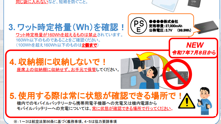 日本國土交通省更新飛機使用行動電源要求。(網頁截圖)