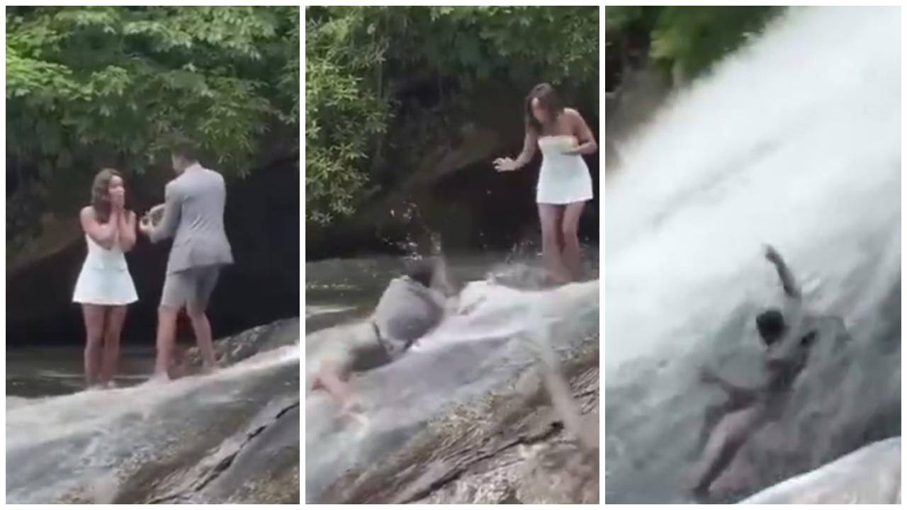 浪漫男瀑布頂求婚竟跣腳被水沖走，網民：上天在暗示女方。(X)