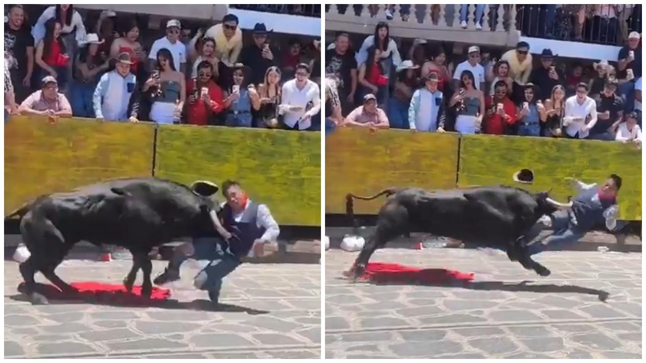 兩公牛絕地反擊，利角撕破鬥牛士半張臉。(X)