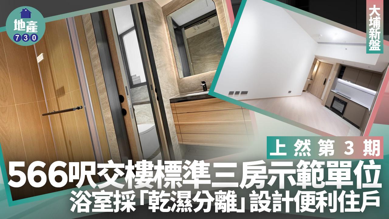 上然示範單位｜第3期566呎交樓標準三房 浴室乾濕分離設計便利住戶(多圖有片)｜大埔新盤