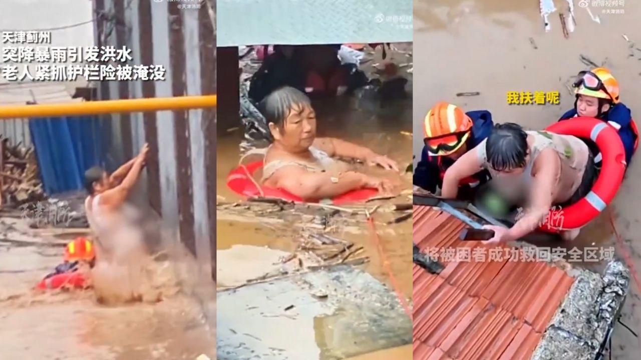 天津遇70年來最大山洪上萬人急轉移　老婦扒護欄等待救援