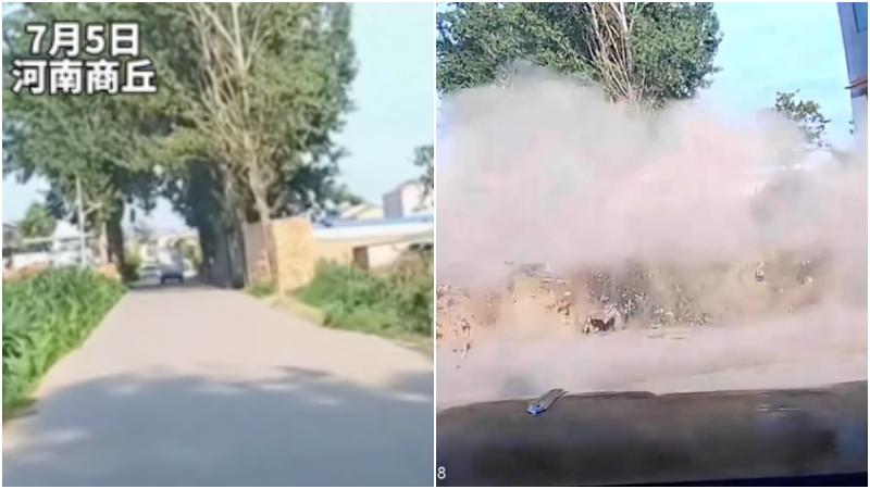 河南商丘一鄉村道路水泥路面因高溫突然炸開。（圖／翻攝微博）