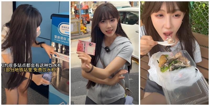 抖音網紅鍾婷日前挑戰以100元在香港吃喝一天，前往多區品嚐平價美食，最終食足4餐仍有餘錢，例如19元食三餸飯及教免費飲水