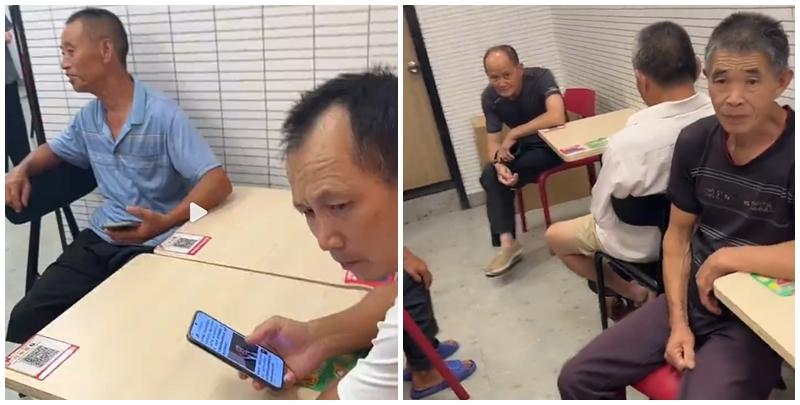 江西吉安最華萊士漢堡快餐店營業期間不少長者聚集嘆冷氣，惟未有光顧，有的還除鞋踩凳、躺沙發。店員無奈放喇叭提示：「要聊天去外面聊，這兒不是老年活動中心」。(影片截圖)