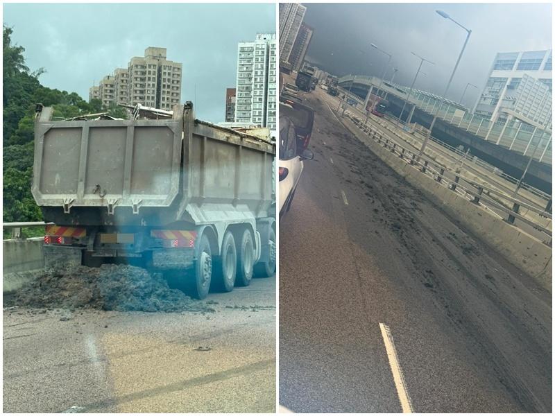 城隧公路泥頭車邊行邊漏，疑與私家車相撞後肇禍。(馬路的事 (即時交通資訊台) )