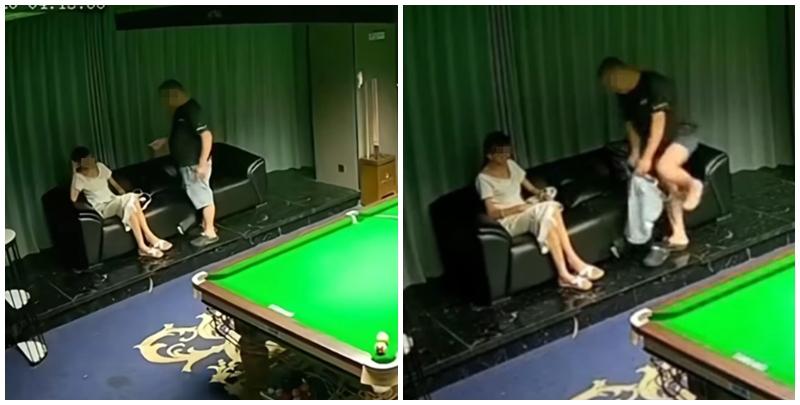 內地社交平台近日流傳影片，顯示江蘇省沭陽縣有3名男女，在桌球室找一名年輕女子陪打「對戰」期間，當中一名中年大叔竟然與「陪打女」在包廂上演「活春宮」，6分鐘過程被包廂內的監視器拍下。(影片截圖)