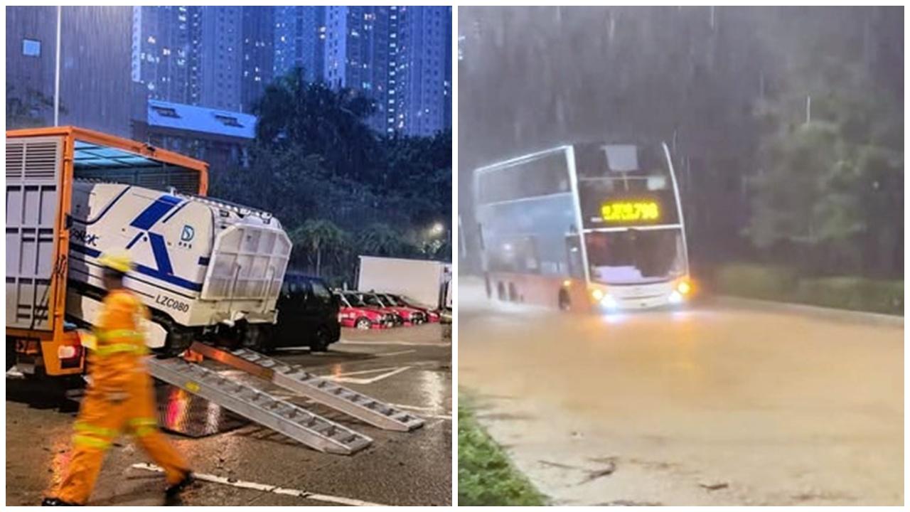 黑雨下將軍澳嚴重多車被淹沒，「龍吸水」機械人出動。