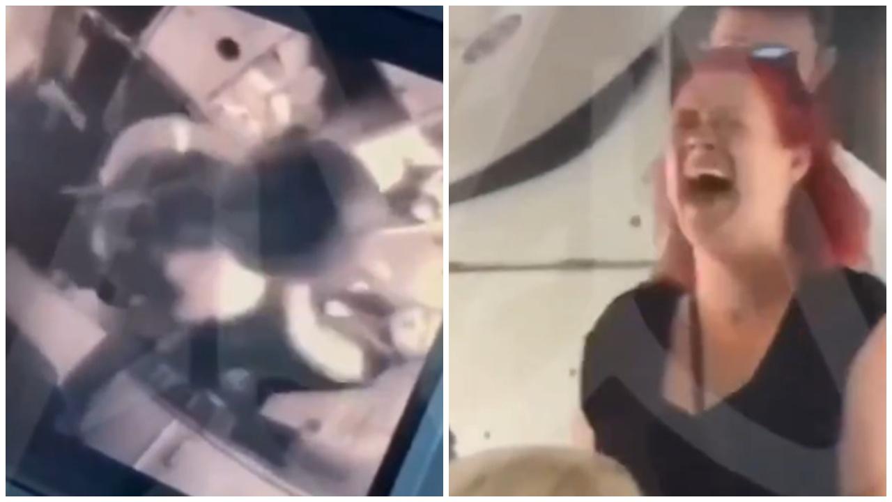 悍婦不滿起飛禁用手機暴打2空姐，被制服仍狂笑。(X)