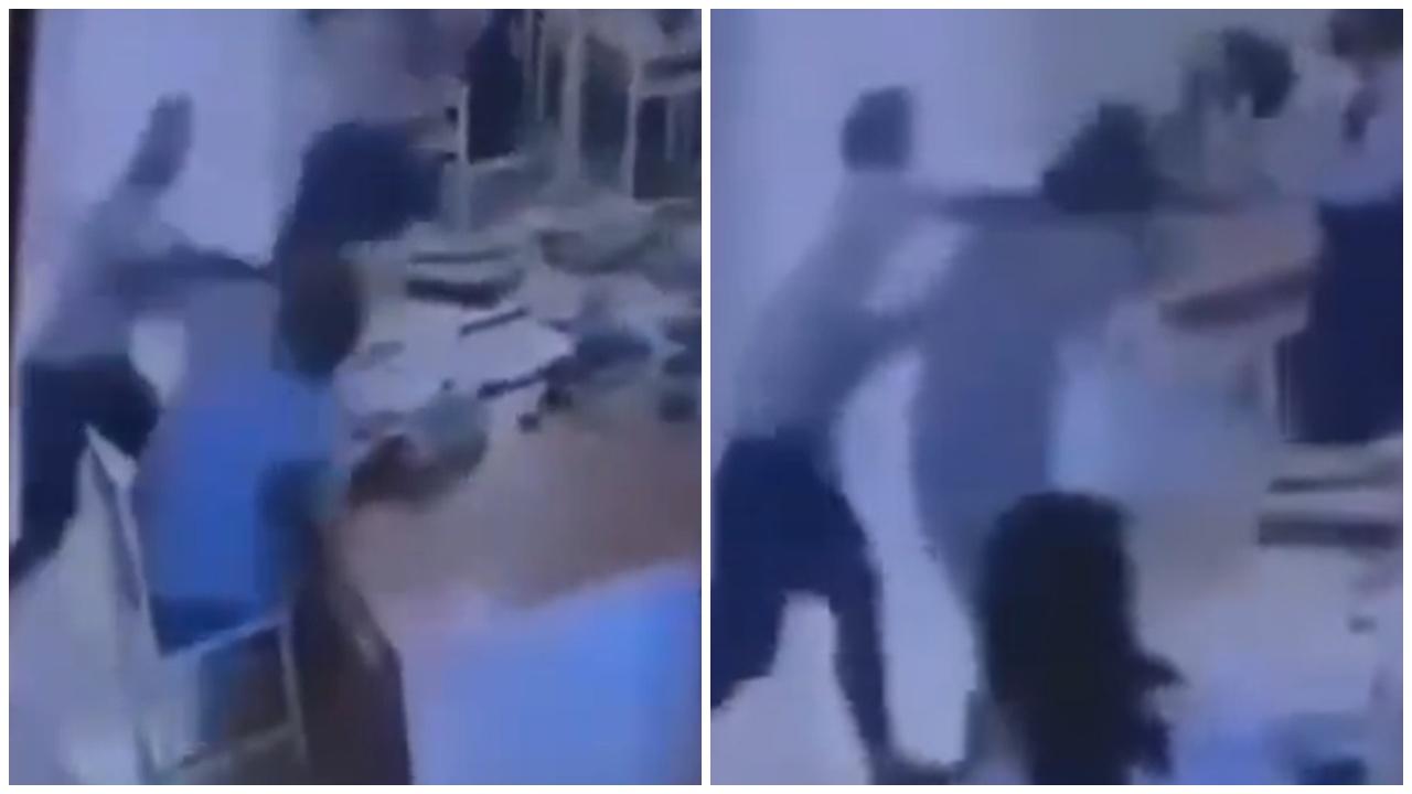 高中生不滿數學分數，課室暴打女教師惹關注。(X)