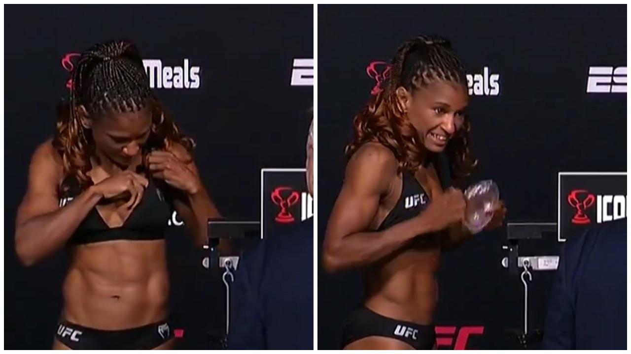 格鬥女磅重當眾取出義乳交裁判，幽默回應「兩秒減6磅」。(X)