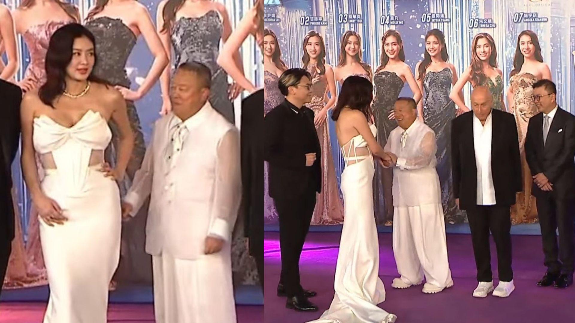 香港小姐2025紅地毯｜樂基兒173身高性感登場 曾志偉視線望正對方胸前