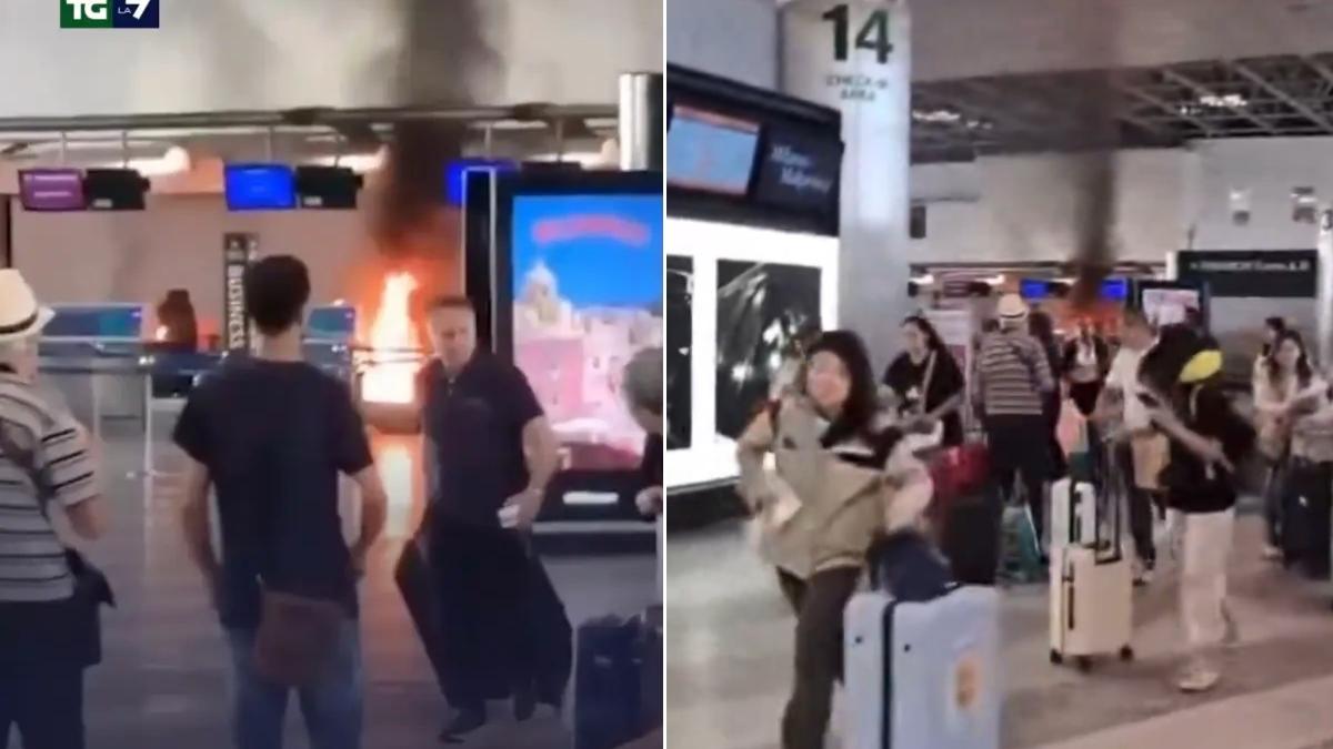 男子大鬧米蘭機場放火拿鐵鎚怒砸 旅客慌忙拖喼逃離 勇漢持滅火筒制服兇徒(有片)