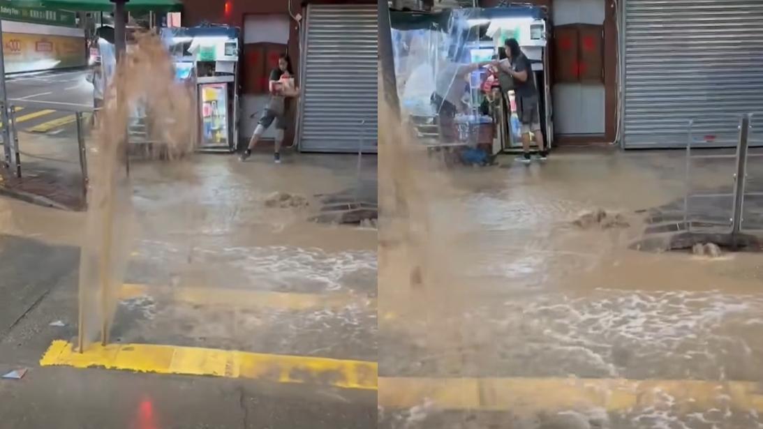 灣仔軒尼詩道爆水管。（fb「香港突發事故報料區及討論區」圖片）