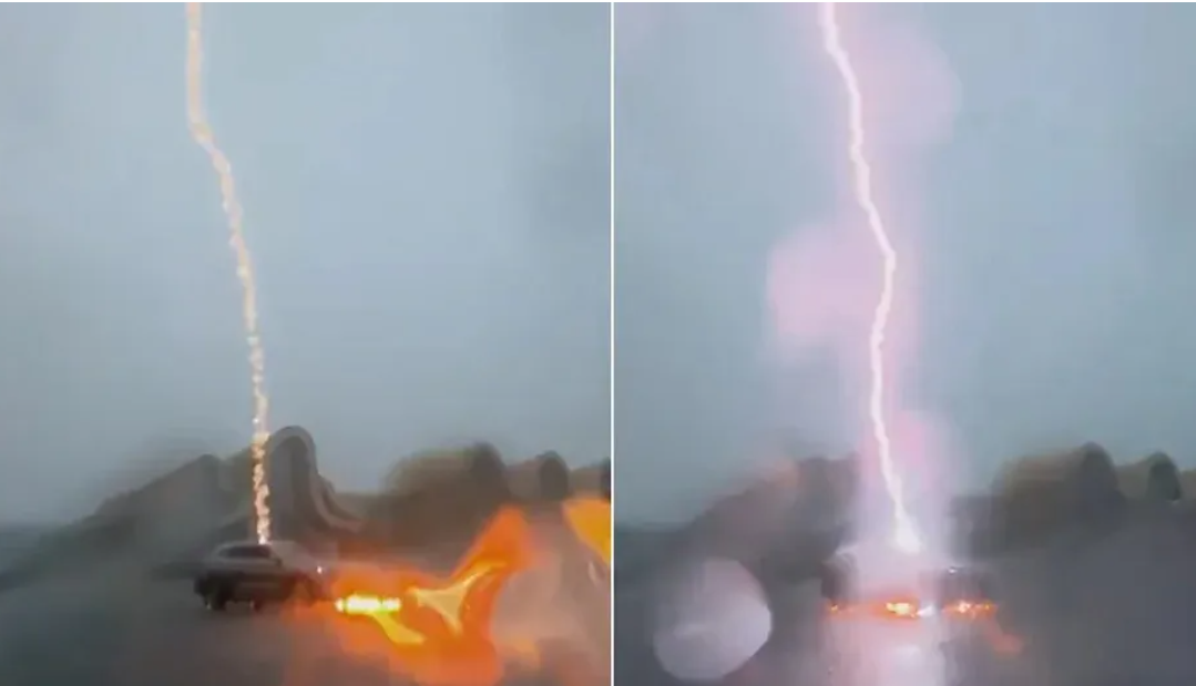 廣西北海市有網民拍下一輛在雨中行駛的比亞迪汽車連續遭到兩道雷電直接擊中，可見車輛遭雷擊時火花四濺，隨後停在原地不動。(影片截圖)