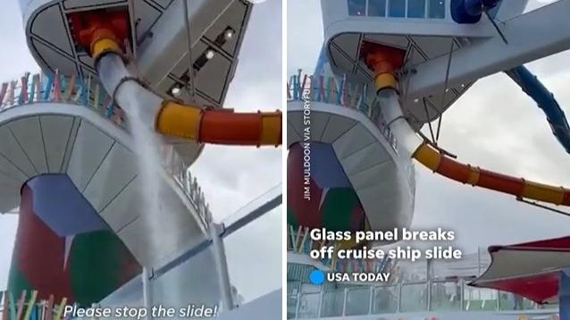 郵輪「海洋標誌號」上滑水道突然穿窿，水不斷流出。(互聯網)