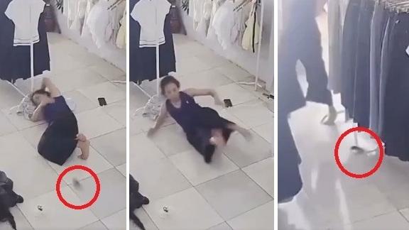 左至右：女子在地上睡覺，老鼠竄出鑽進褲管，她嚇到彈起，狂跳fling出老鼠。(互聯網)