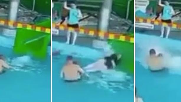 左至右：男子抱著6歲兒子走近滑水梯口，一名女子剛好滑落踢中男童，男子抱著受傷的兒子行開。(互聯網)