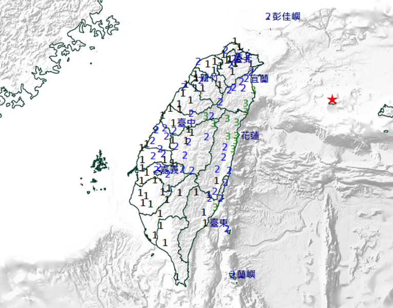 台灣氣象署地震測報中心表示，今天下午3時45分台灣東部海域發生6.2級地震，震源深度88.1公里。