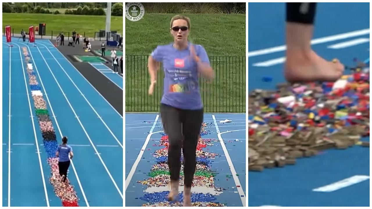 瘋狂母親赤腳跑100米樂高積木破世界紀錄，挑戰其實有原因。(YouTube)