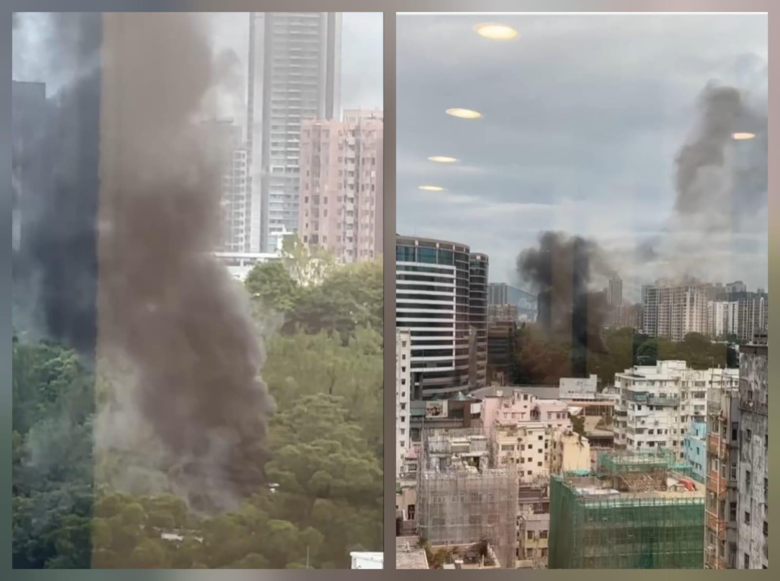 旺角拔萃男書院附屬小學火警，黑煙席捲半空。(Threads影片截圖)