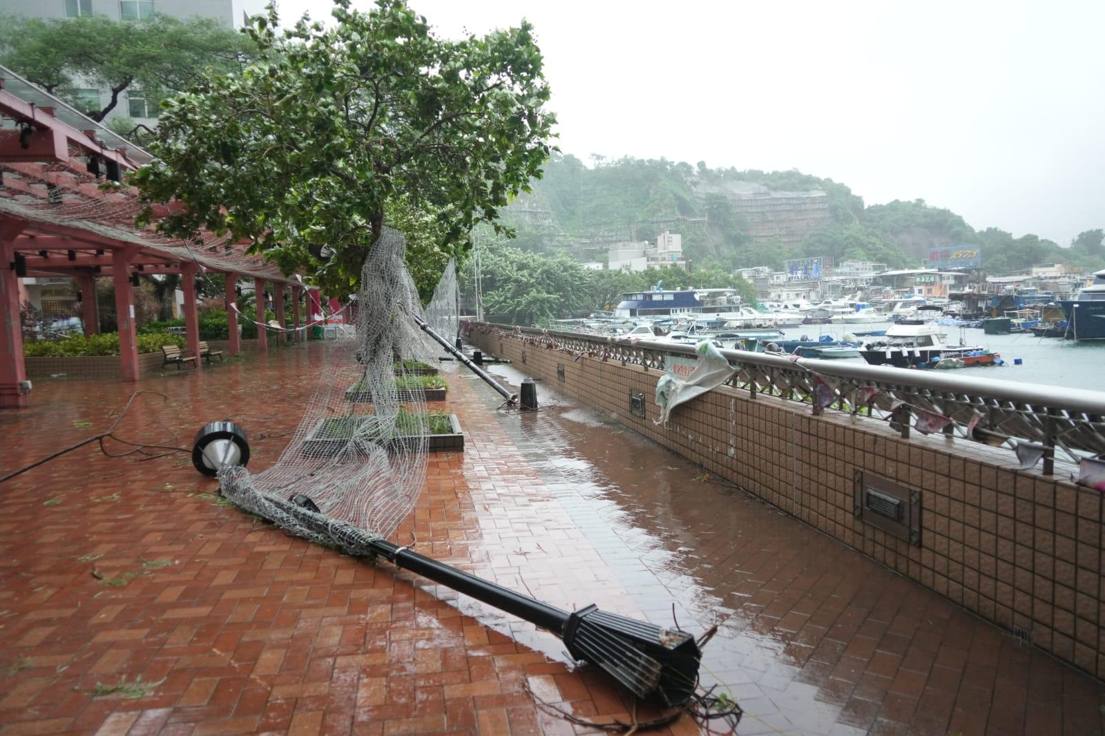 八號東南烈風或暴風信號現正生效。鯉魚門早上風勢強勁