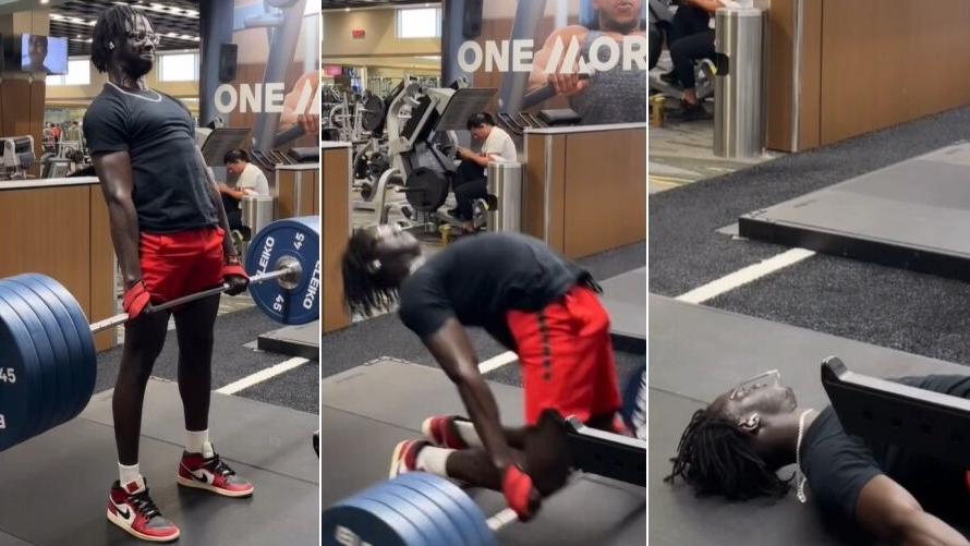 左至右：網紅玩命挑戰硬舉(Deadlift)500磅槓鈴，但明顯不夠氣力，勉強拉起槓鈴後全身顫抖，更整個人向後拗，倒地抽搐。(互聯網)