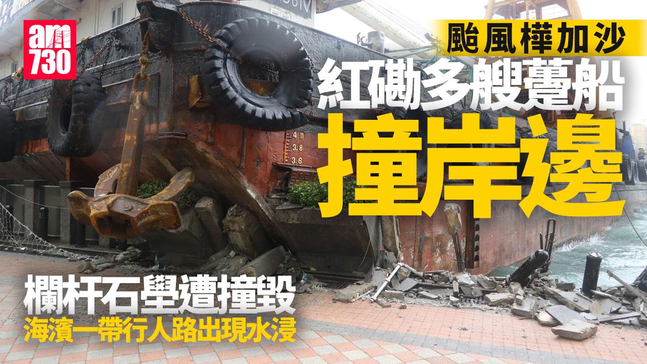 颱風樺加沙｜紅磡多艘躉船撞岸邊 欄杆石壆損毀(多圖)