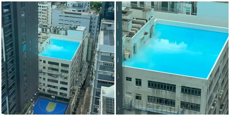 有網民在社交平台Threads以「天台泳池」為題，上載新蒲崗一工廠大廈的天台，疑出現無邊際的「泳池」，天台範圍注滿一池蔚藍的水，帖文引發網民熱議，