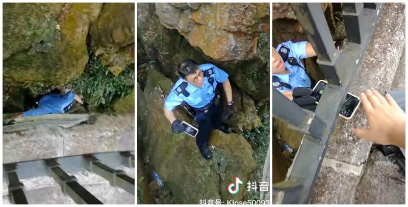 一名說普通話的女子與男伴於太平山頂期間，iPhone手機不慎掉落山下，報警求助後3警到場，1警用欄杆輔助從步道爬下去撿手機，步道上的警員向年輕女子及拍片同行男子指他們不應報警找警員幫忙撿手機(抖音影片)