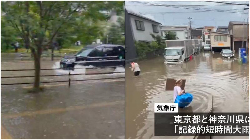 日本關東降下暴雨，各處傳出淹水災情。（圖／NNN）
