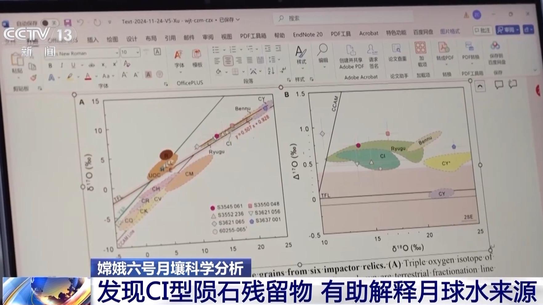 嫦娥六號｜月球之水天上來？月壤發現太陽系外隕石殘留物。（央視截圖）