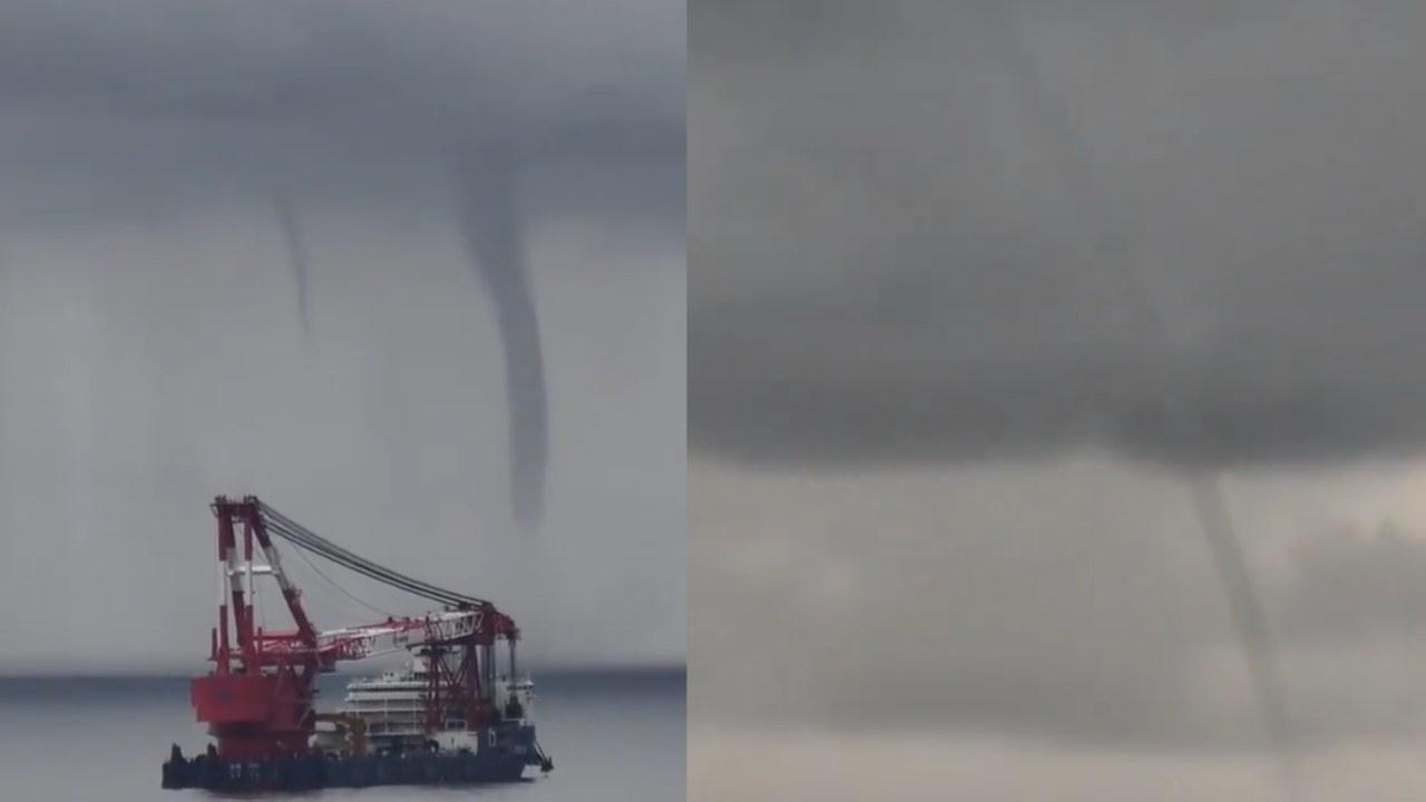 山東近海驚現雙水龍捲奇景。