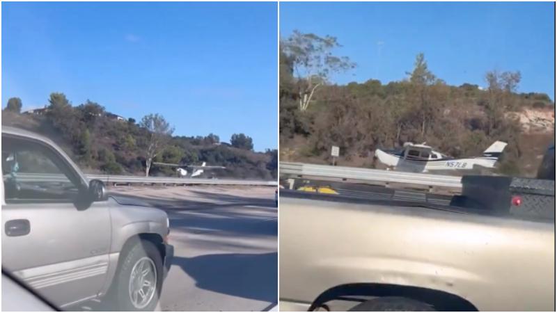 美國南加州一架小飛機緊急迫降在高速公路上。