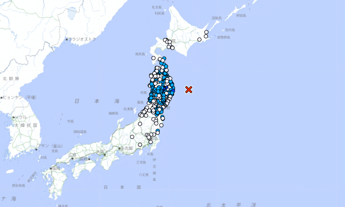 日本氣象廳表示，當地時間今日(10日)下午4時23分，岩手縣以東海域發生6.2級地震，最大震感為震度3，震源深度10公里。