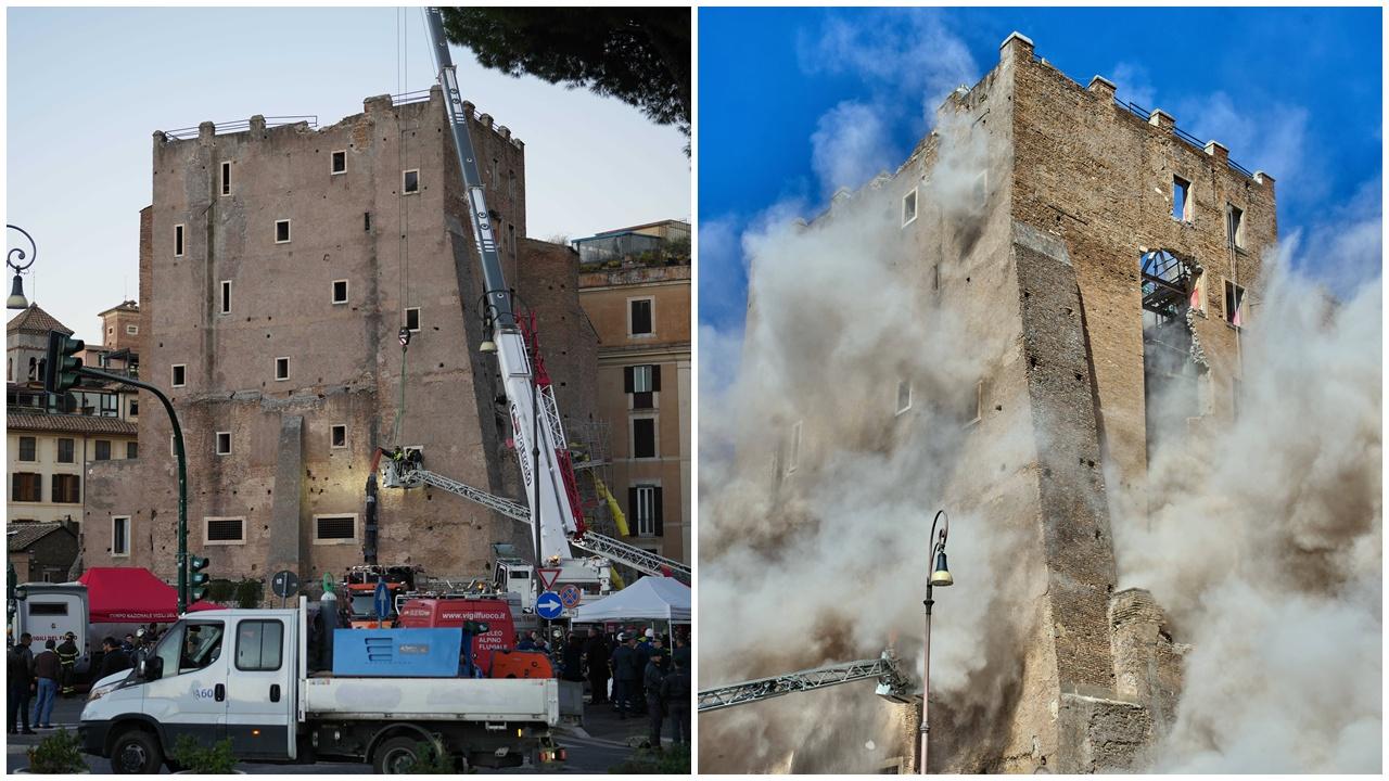 羅馬中世紀塔樓局部坍塌，4名工人受傷。(AP)