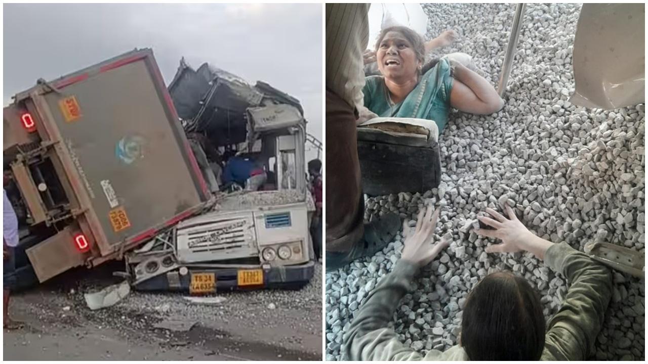 印度巴士與砂石車相撞釀至少24死，半邊車身被削傷者被困碎石中。(X)