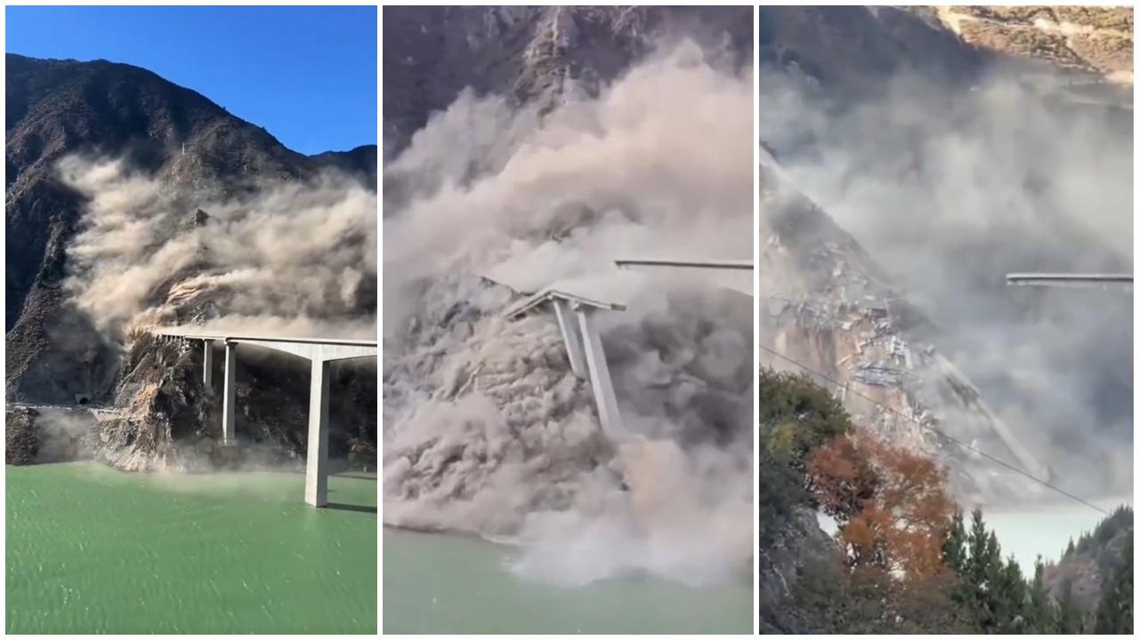 四川阿壩紅旗橋垮塌，年初才合龍，官方：山泥傾瀉引致。(微博)