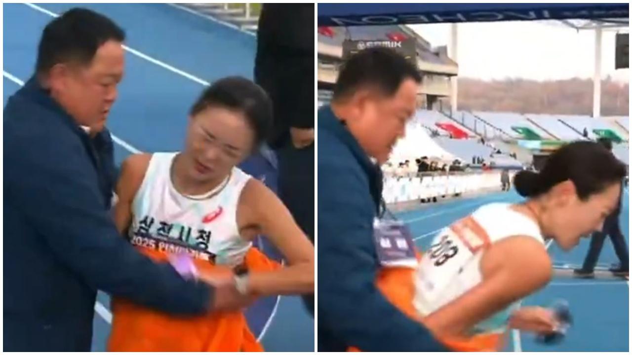 馬拉松女跑手衝終點奪冠，遭教練熊抱面露厭惡推開惹爭議。(X)