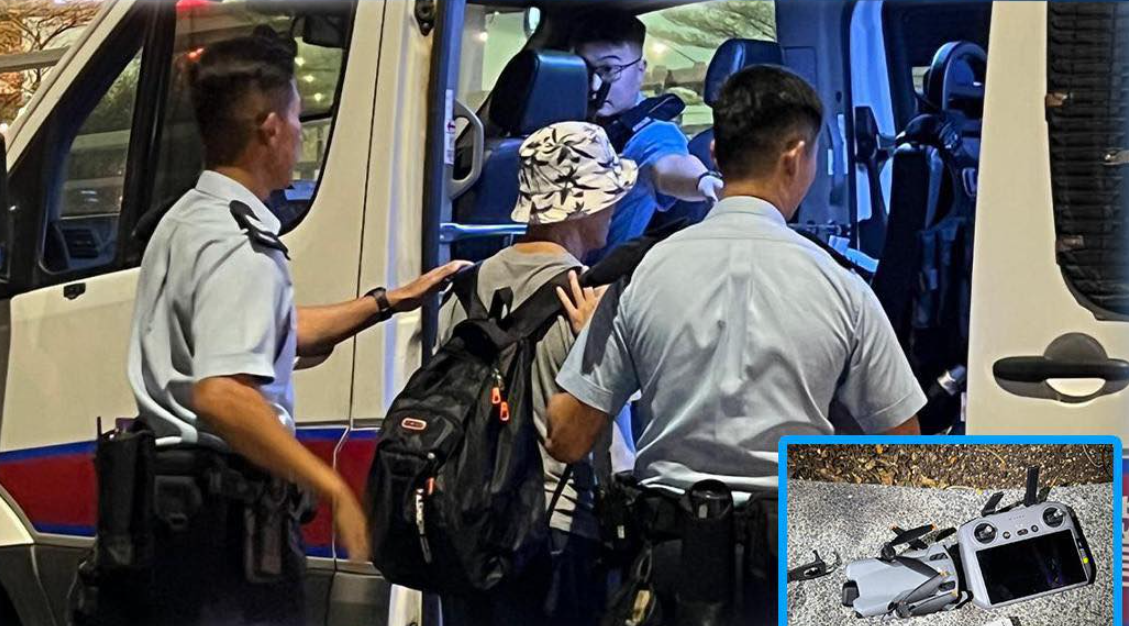 警方表示，周二（4日）晚上約7時在維多利亞公園發現一名70歲男子疑未經許可操控小型無人機，其後以「未經許可在限制飛行區內飛行」及「操作期間違反操作規定」罪將他拘捕，並在場檢獲一部小型無人機。(警方FB)