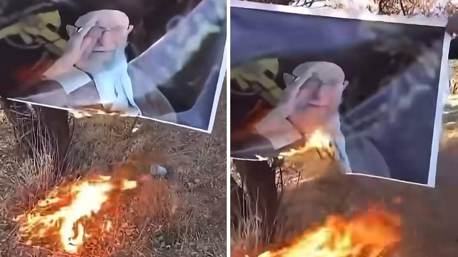 薩拉克在IG發布在森林裡焚燒最高領袖哈梅內伊畫像的影片。(互聯網)