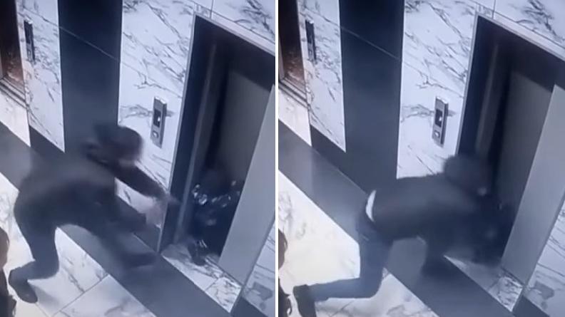 左至右：男童輕輕一推便推開升降機門，父親反應快仍捉不住，男童直墮槽底。(互聯網)