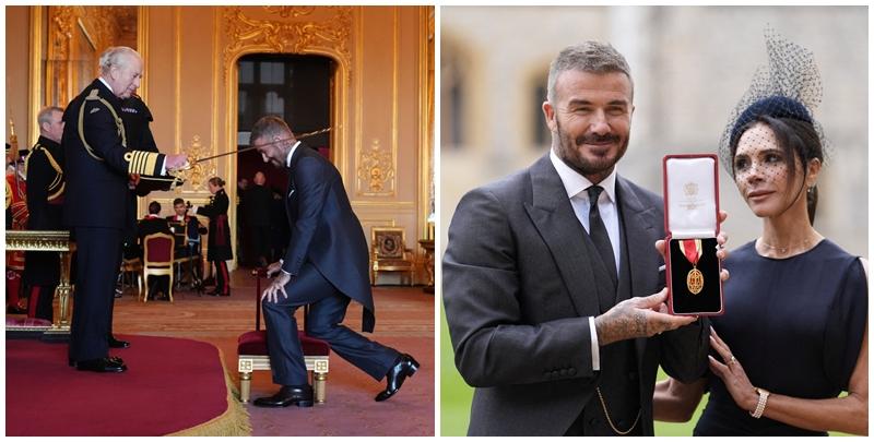 碧咸獲英王查理斯三世正式封為爵士，以表揚他對體育和慈善事業的傑出貢獻，太太維多利亞等家人陪同。 (美聯社/路透社)