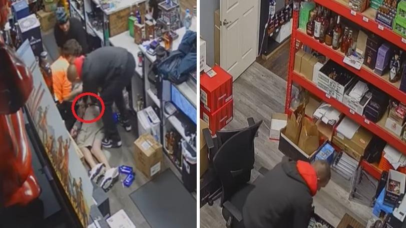 男子假裝救人，偷偷摷店員褲袋(左)，又進入倉庫翻找辦公桌櫃桶(右)。(互聯網)