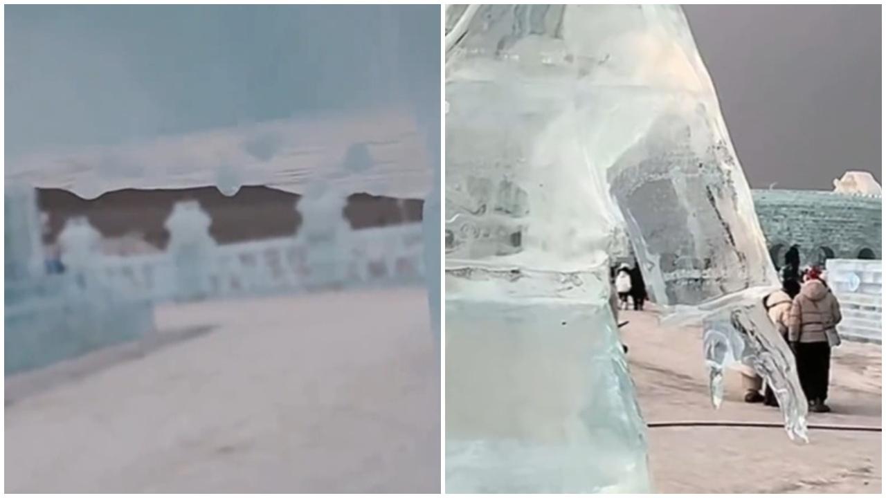 哈爾濱氣溫創新高，冰雪大世界冰雕罕見滴水。(微博)