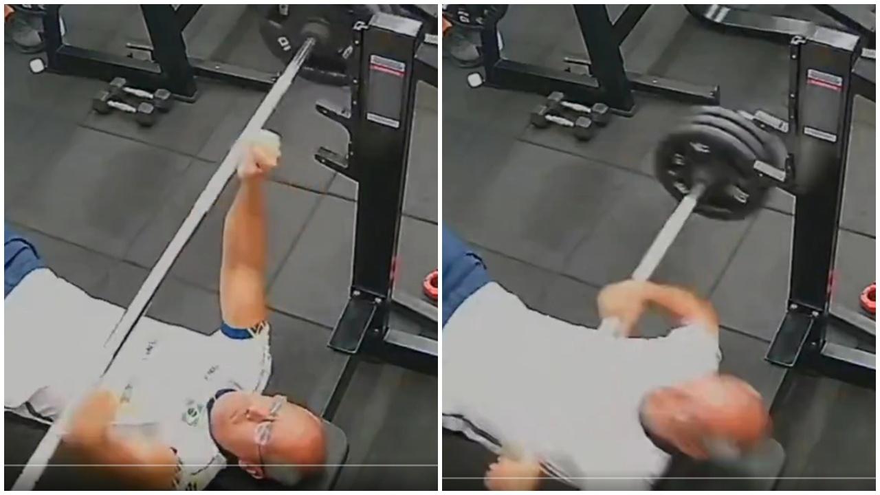 中年漢臥推跣手槓鈴砸胸，起身行兩步突暈倒喪命。(X)