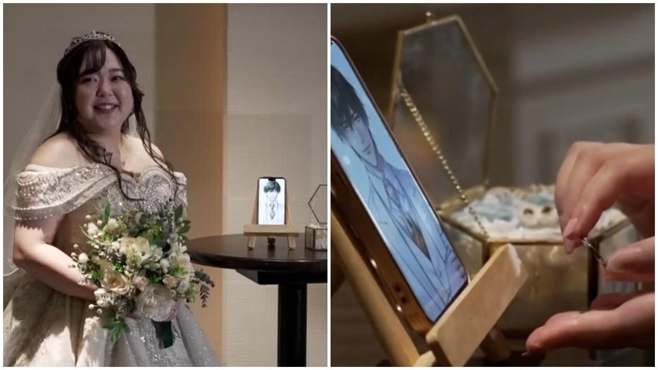 日女戴AR眼鏡投影AI伴侶，舉辦婚禮兼戴婚戒。(X)