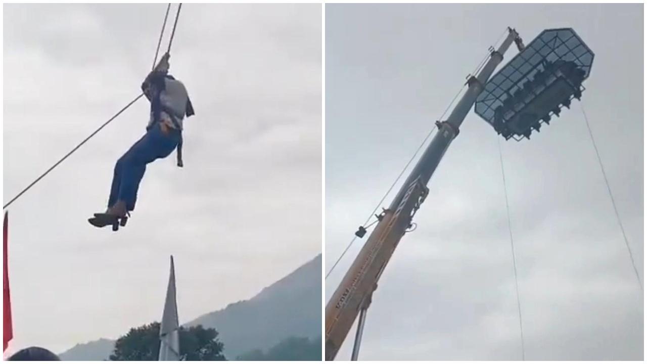 38米高空中餐廳故障，一家四口用餐被困3小時游繩回地面。(X)